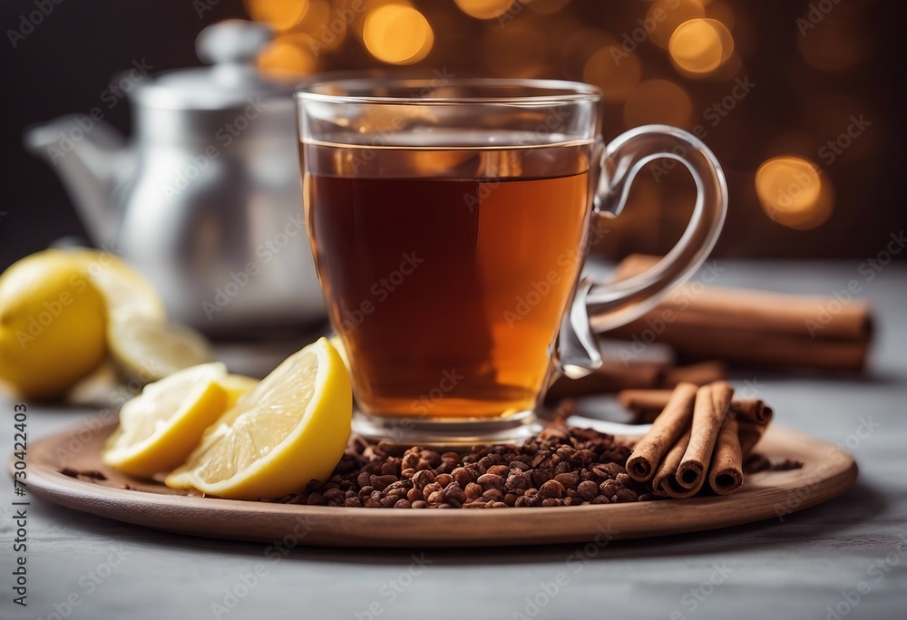 Tea Lemon And Cinnamon on wooden plate Winter holiday