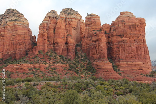 Beautiful views of the landscape of Sedona  Arizona in winter  with Sedona surrounded by red-rock buttes  steep canyon walls and pine forests