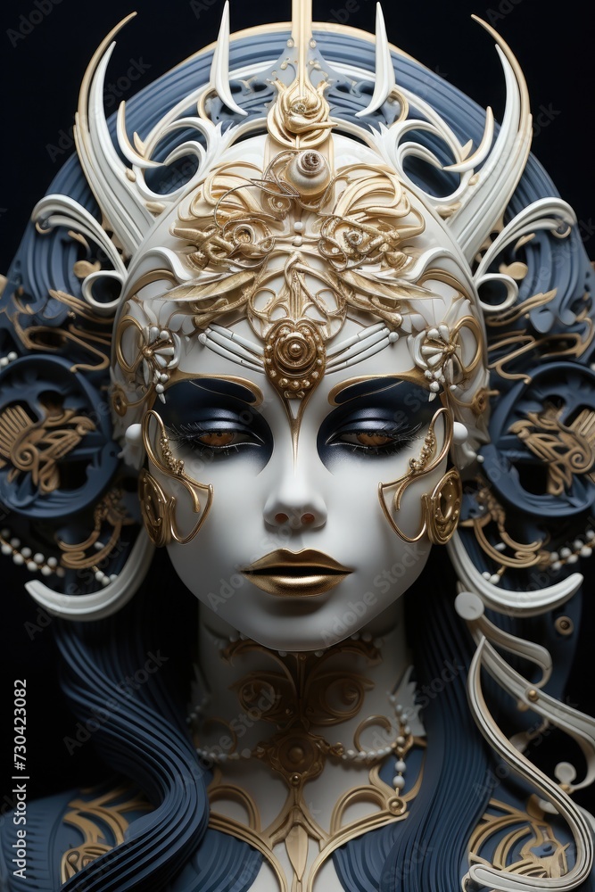 An enchanting Woman dressed in a stunning white mask adorned with gold