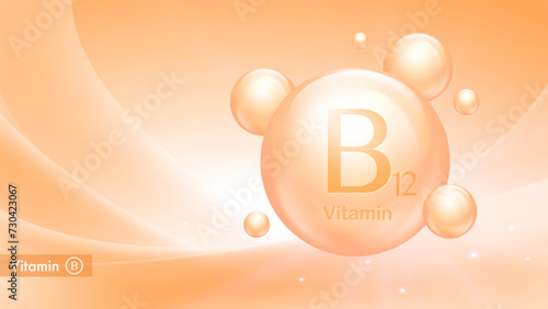 Vitamin B12 vector banner with drop bubbles. Medical poster of vitamin B complex. Health and beauty care. Nutritional supplements