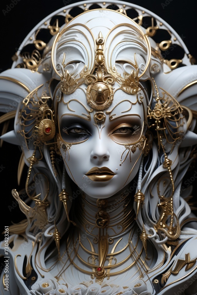 An enchanting Woman dressed in a stunning white mask adorned with gold An enchanting Woman dressed in a stunning white mask adorned with gold