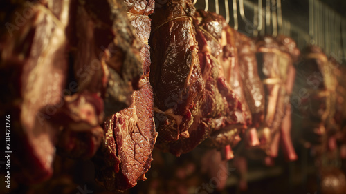 Close-up of hanging meat in a smokehouse photo