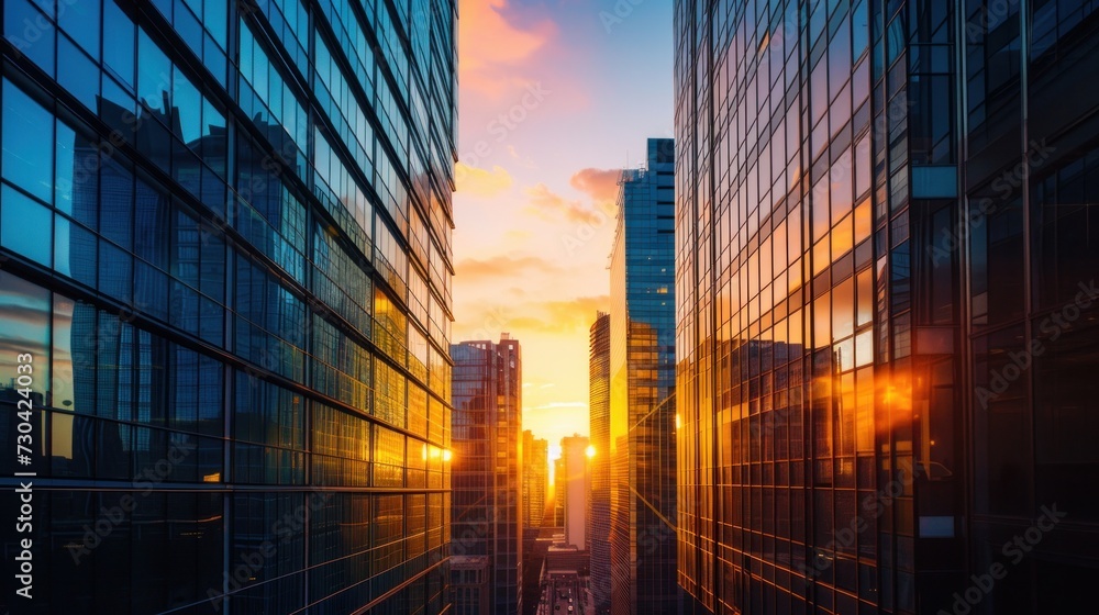 office buildings at sunset