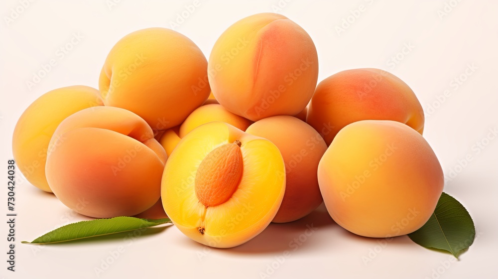 A Pile of Peaches With Leaves on a White Background A Pile of Peaches With Leaves on a White Background