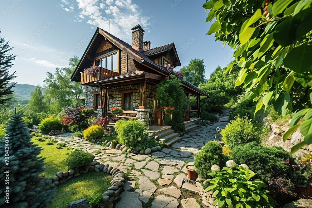 A cozy family home made of stone and wood on the hills, surrounded by a variety of plants. A cozy family home made of stone and wood on the hills, surrounded by a variety of plants.