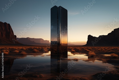 Abstract image of a glossy black translucent monolith in a valley in a stream under a sunset sky
