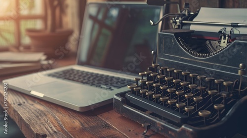 A thought-provoking image juxtaposing an old typewriter with a modern laptop on a table photo