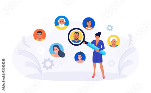 HR manager searching best candidates with magnifying glass. Job recruitment process. Finding new employee. Recruitment, hiring process. Human resources