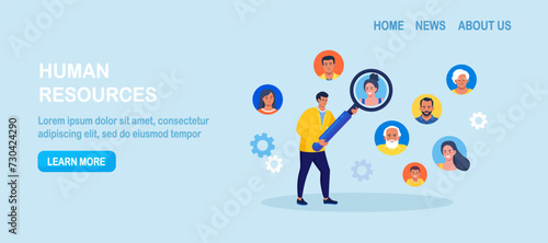 HR manager searching best candidates with magnifying glass. Job recruitment process. Finding new employee. Recruitment, hiring process. Human resources