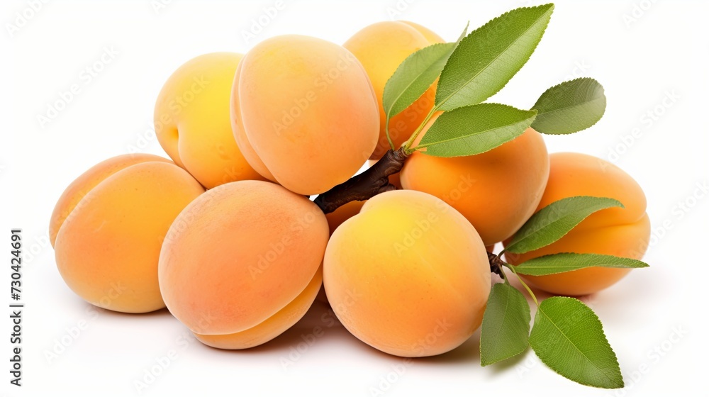 A Pile of Apricots With Leaves on a White Background A Pile of Apricots With Leaves on a White Background
