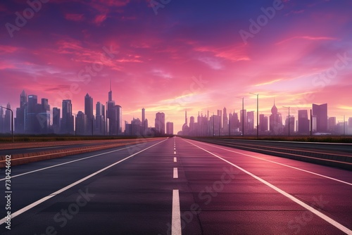 Empty highway to futuristic cityscape on the horizon under dawn