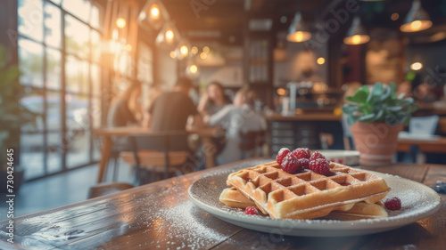 Waffles on a plate in a restaurant