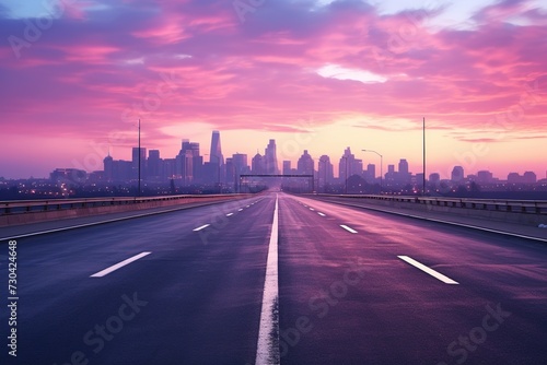 Wide empty highway to futuristic cityscape on the horizon under dawn