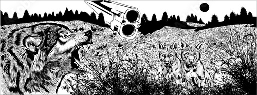 grin of a wolf and little wolf cubs on the background of nature