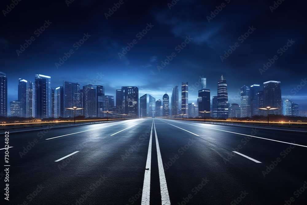 Empty night highway to modern cityscape on the horizon under dark blue cloudy sky