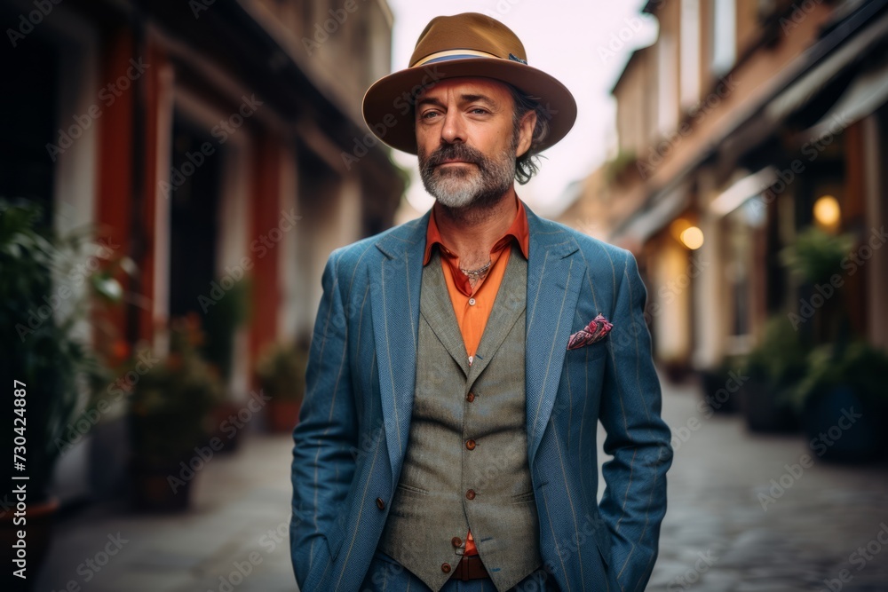 Portrait of a stylish mature man in a hat and jacket on the street. Portrait of a stylish mature man in a hat and jacket on the street.