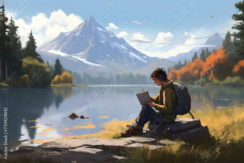person sitting at the lake with his tablet, beautiful nature and technology, sitting with tablet at a lake