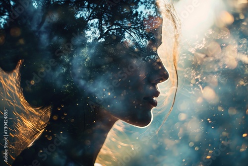 Double exposure of a woman head and tree branches in dark key, mental health concept