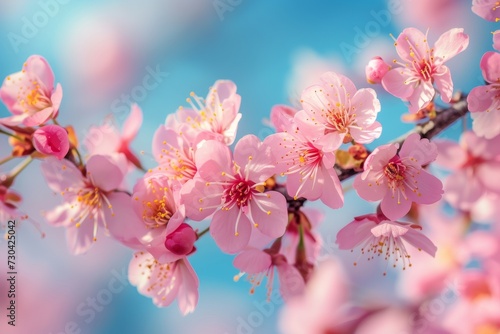 Blooming cherry blossoms, soft and delicate, against blue sky