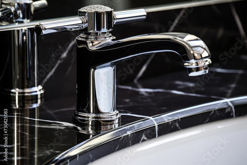 A sleek and modern chrome faucet graces the black marble countertop of a luxurious bathroom. The faucet's polished surface glistens showcasing its high-shine finish and contemporary design. 
