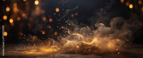 Abstract futuristic glowing smoke with golden particles