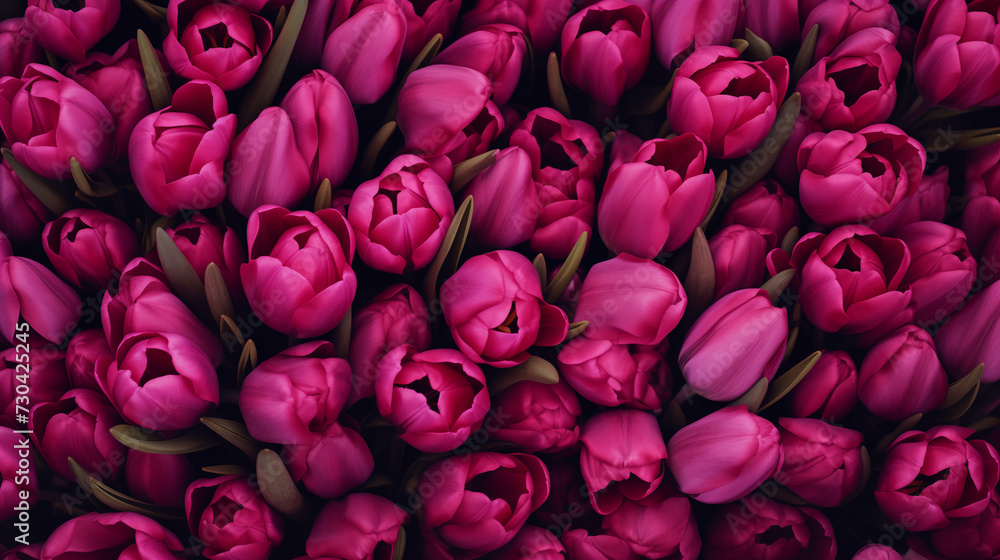 Top view of beautiful pink tulip buds with green leaves on international women's day or mother's day Top view of beautiful pink tulip buds with green leaves on international women's day or mother's day