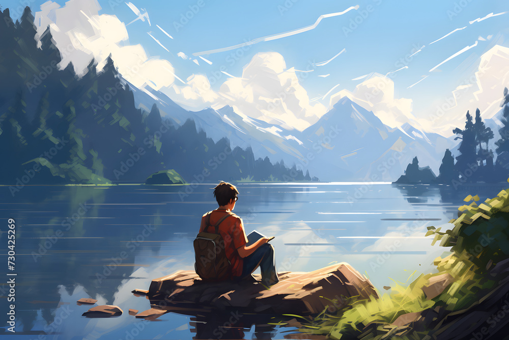 person sitting at the lake with his tablet, beautiful nature and technology, sitting with tablet at a lake
