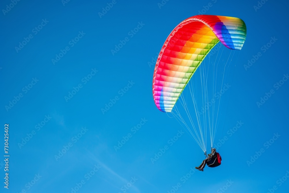 Brightly colored paraglider, soaring high, against clear blue skies. Brightly colored paraglider, soaring high, against clear blue skies.