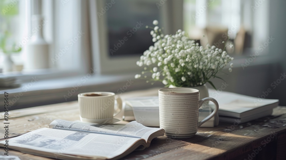 A cozy workplace setup with a porcelain cup and pot, a newspaper, and a fresh bunch of flowers, creating a relaxing ambiance A cozy workplace setup with a porcelain cup and pot, a newspaper, and a fresh bunch of flowers, creating a relaxing ambiance
