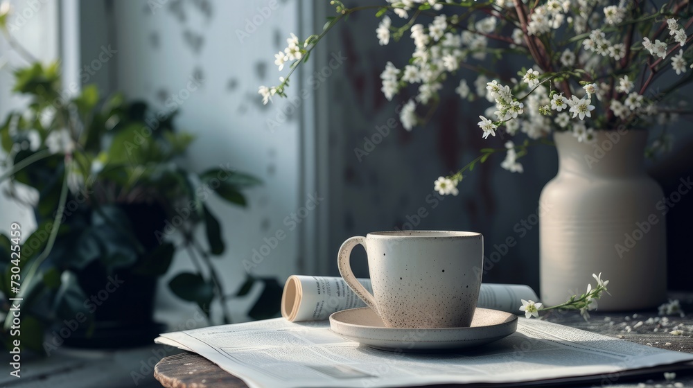 A cozy workplace setup with a porcelain cup and pot, a newspaper, and a fresh bunch of flowers, creating a relaxing ambiance A cozy workplace setup with a porcelain cup and pot, a newspaper, and a fresh bunch of flowers, creating a relaxing ambiance