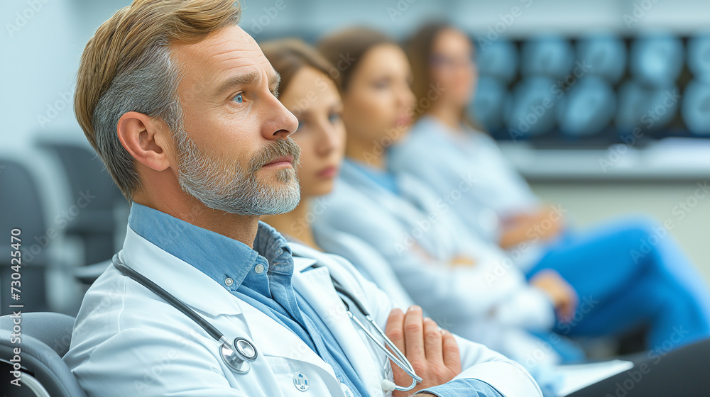 Fototapeta premium A group of healthcare professionals gathered at conference, exchanging insights and knowledge