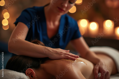 Professional massage therapist providing relaxation massage to woman. Wellness and health.