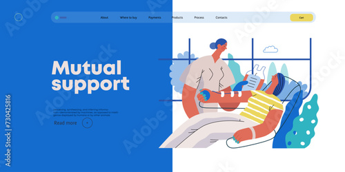 Mutual Support: Blood donation -modern flat vector concept illustration of a nurse and woman donating blood A metaphor of voluntary, collaborative exchanges of resource, services