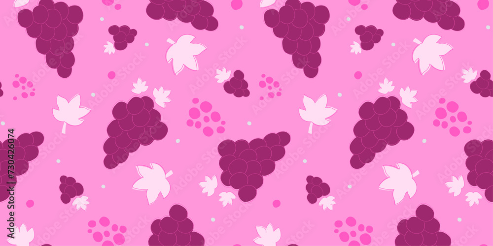 Seamless pattern with abstract bunches of grapes, leaves. Summer food print. Vector graphics.