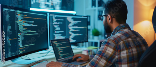 In the glow of screens, a focused programmer codes late into the night, immersed in a sea of complex algorithms