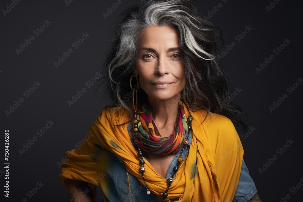 Portrait of a beautiful middle-aged woman with long gray hair wearing a colorful scarf.