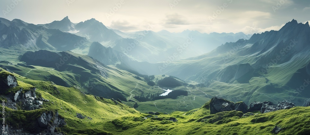 panorama of beautiful countryside, wonderful springtime landscape in mountains. grassy fields and rolling hills