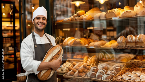 Local baker standing in his shop in front of shelves full of bread, proudly presenting his work.