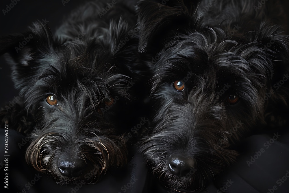 two Black Russian Terrier dogs with their tongues out on their side two Black Russian Terrier dogs with their tongues out on their side