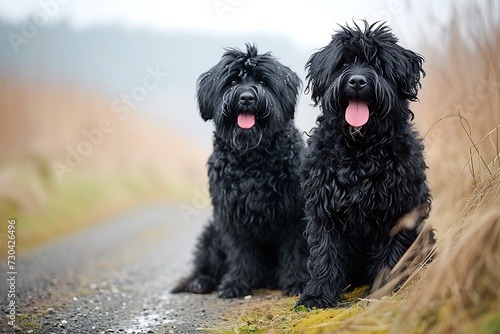 two Black Russian Terrier dogs with their tongues out on their side photo
