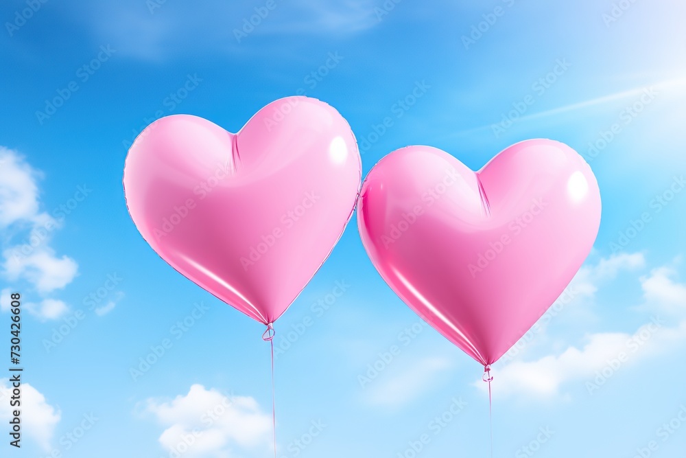 Two Pink Heart Shaped Balloons Are Flying In The Sky