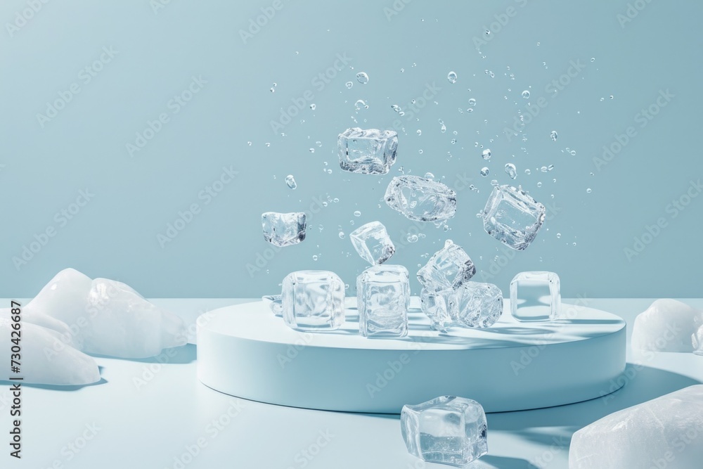 A white pedestal surrounded by ice cubes on a green background. Podium, background mockup for beauty product. A white pedestal surrounded by ice cubes on a green background. Podium, background mockup for beauty product.