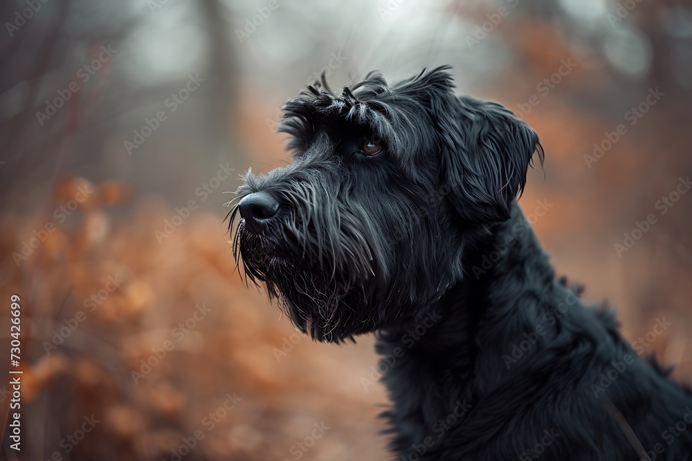 Black Russian Terrier standing in autumn leaves