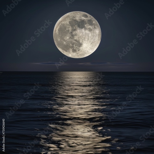 A full moon is seen over the ocean.