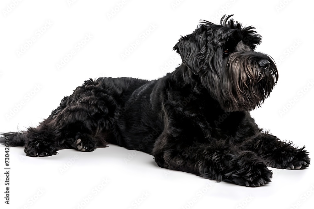 Black Russian Terrier dog laying down on a white background, in the style of classicist portraiture
Black Russian Terrier dog laying down on a white background, in the style of classicist portraiture