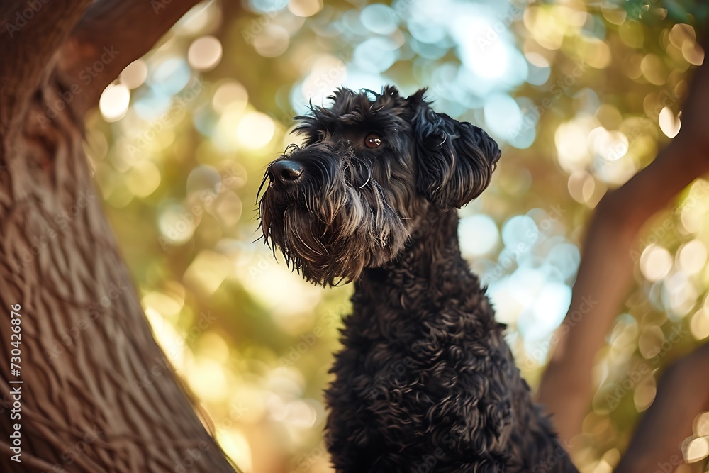 Black Russian Terrier standing in autumn leaves Black Russian Terrier standing in autumn leaves
