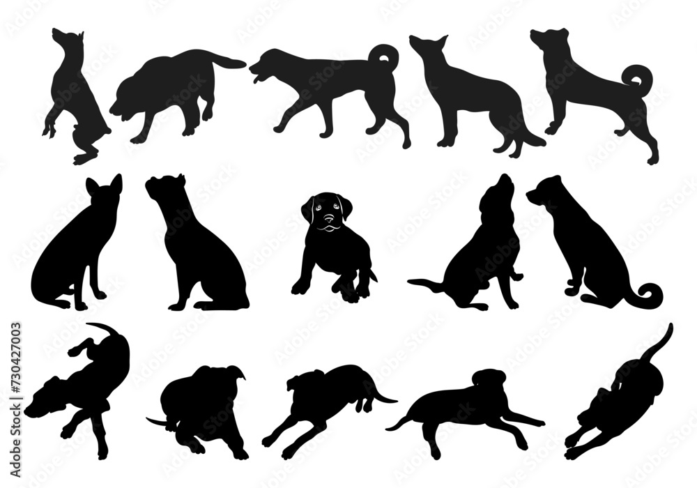 Image of a black dog silhouette in a pose, outline of pet, isolated vector