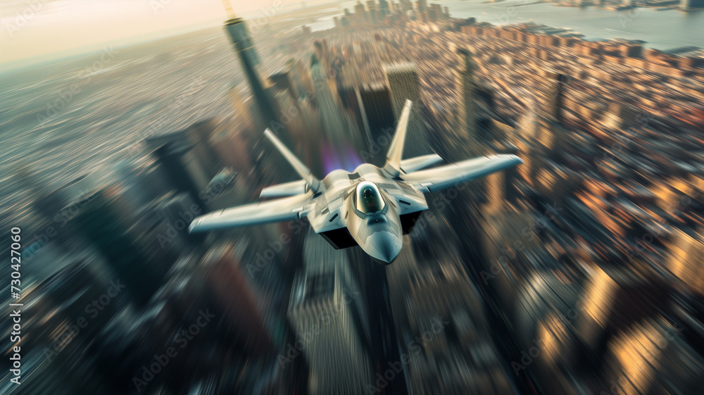 Jet Fighter Soaring Over Urban Landscape - obrazy, fototapety, plakaty 