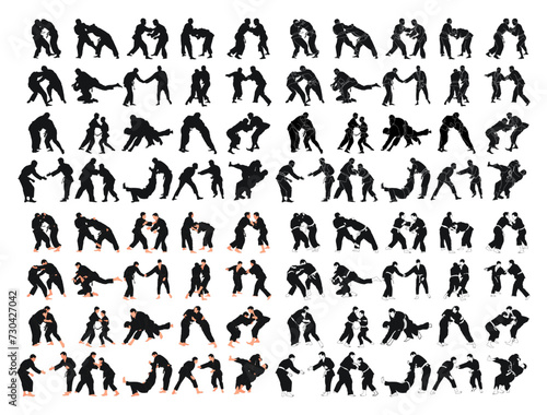 Silhouettes of 80 sports couples judoka fighter. Judoist, judoka, athlete, duel, fight, judo, isolated vector