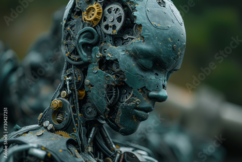 A figure with clockwork mechanisms replacing body parts, visualizing the mechanistic aspects of cognitive processes. Concept of surreal mechanism. Generative Ai. © Sebastian